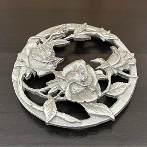 Vintage 1990 RAWCLIFFE Pewter Roses Flower Potpourri Candle Jar Topper Lid Cover